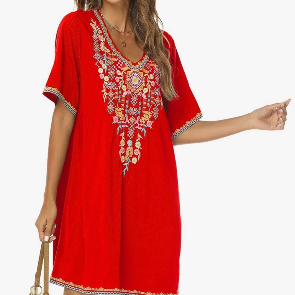 Red Embroidered Tunic with V-Neck and Short Sleeves